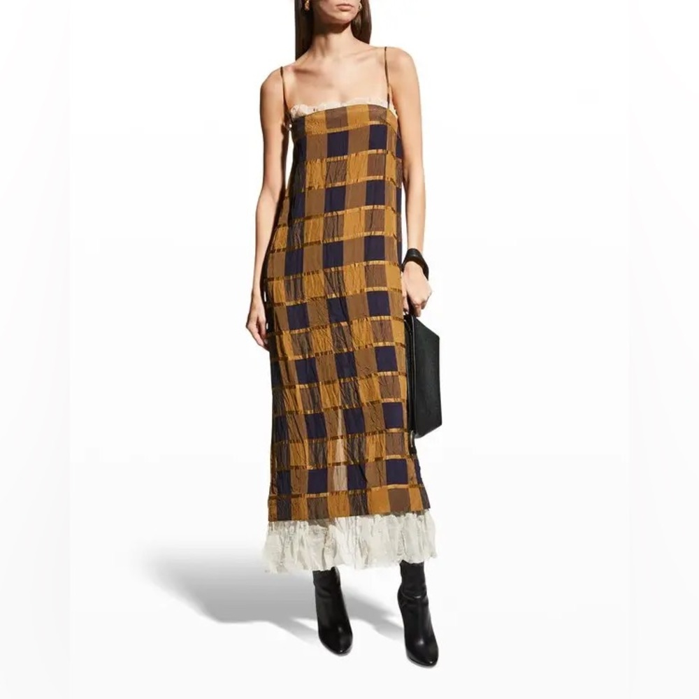 KHAITE Mustard and Navy Check High-Low Slip Dress with Lace Hem